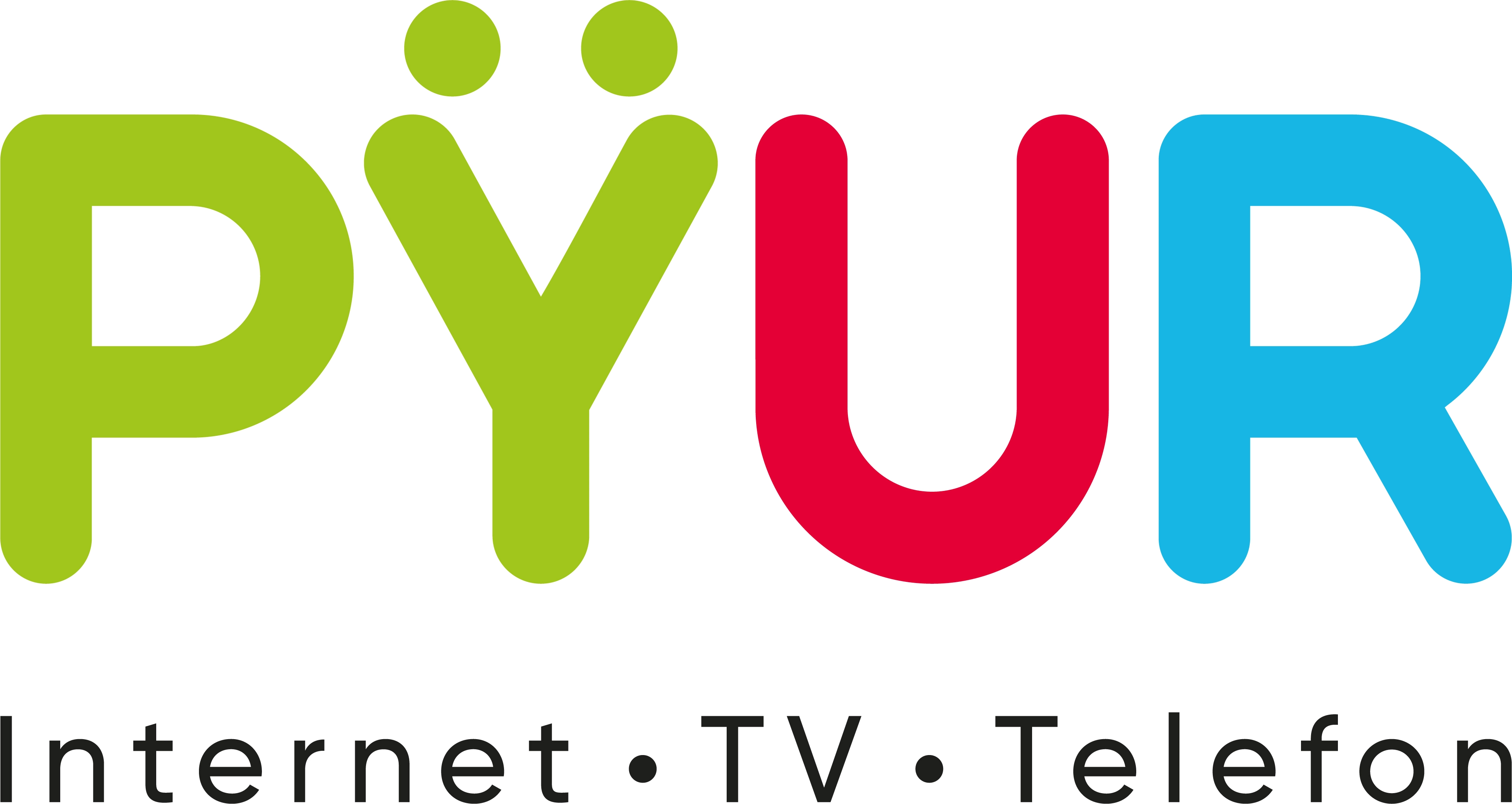 Das PYUR Logo in Grün, Rot und Blau mit Schriftzug für Internet, TV und Telefon.