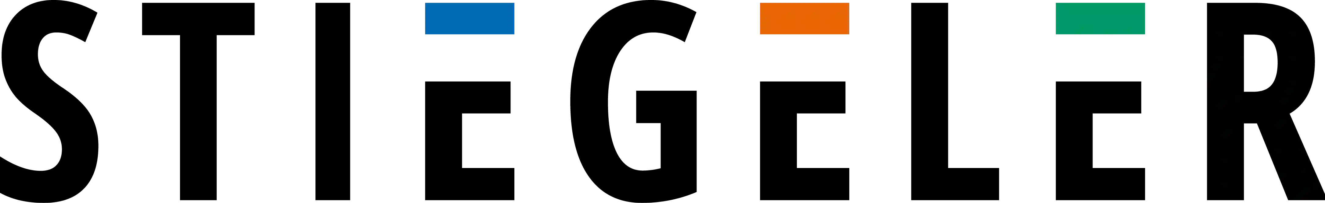 Logo von Stiegeler mit schwarzer Schrift und farbigen Rechtecken über den Buchstaben.