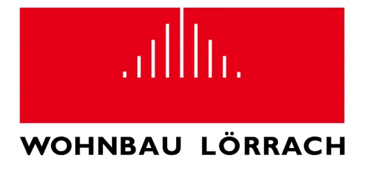 Logo von Wohnbau Lörrach mit stilisierter Skyline vor rotem Hintergrund.